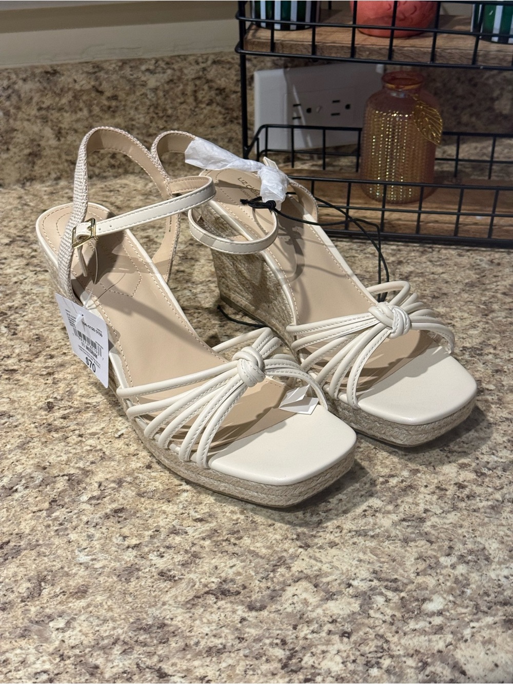 Liz Claiborne Marcos Cream Knotted Multi-Strap Wedge Espadrille Sandals New